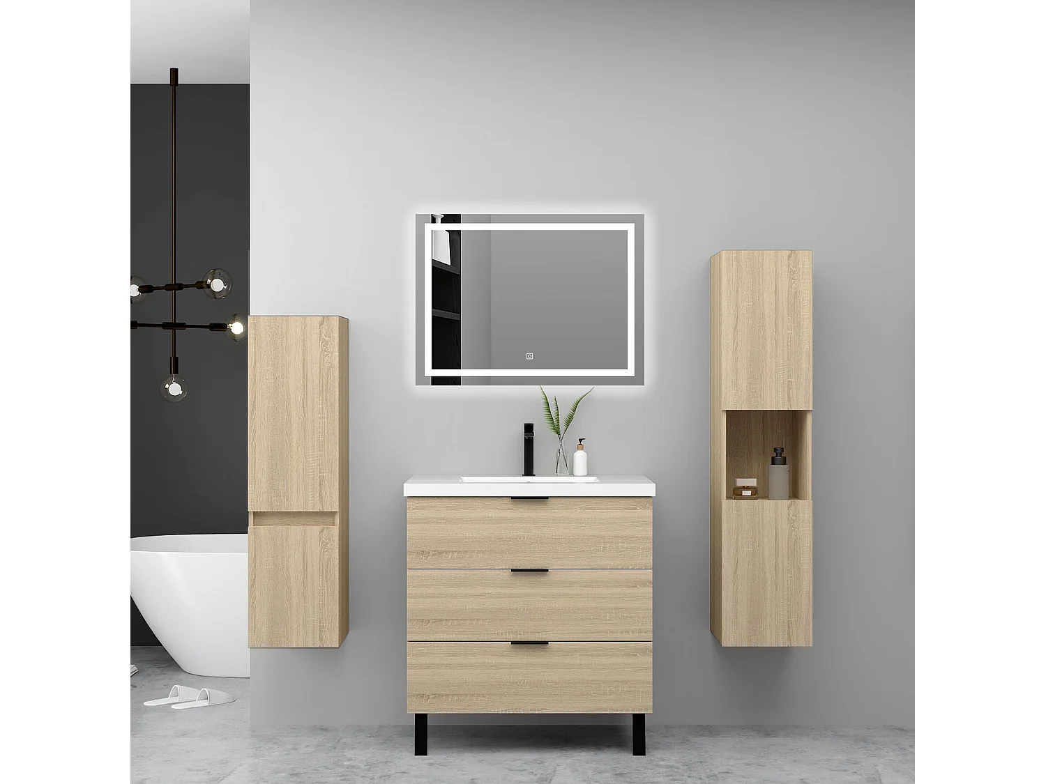 Ensemble meuble chêne et lavabo L.60cm 3 tiroirs avec fermeture amortie + 2*colonne + miroir LED