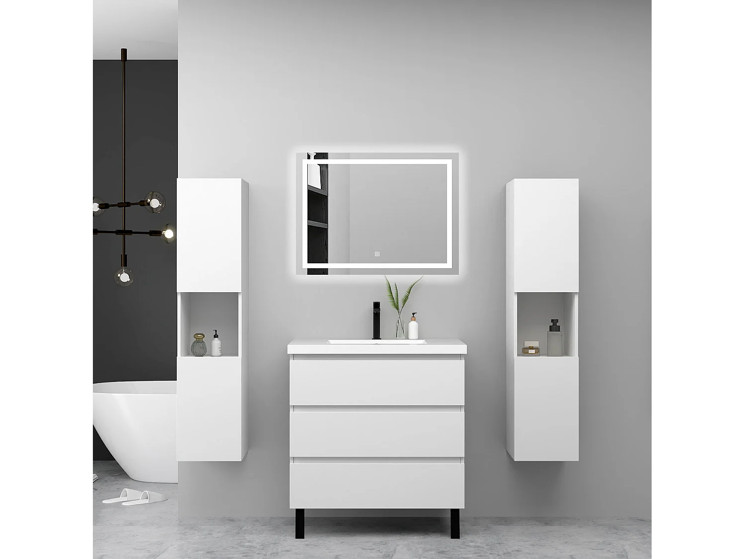 Ensemble meuble blanc et vasque L.60cm 3 tiroirs avec fermeture amortie + 2*colonne haute + miroir LED
