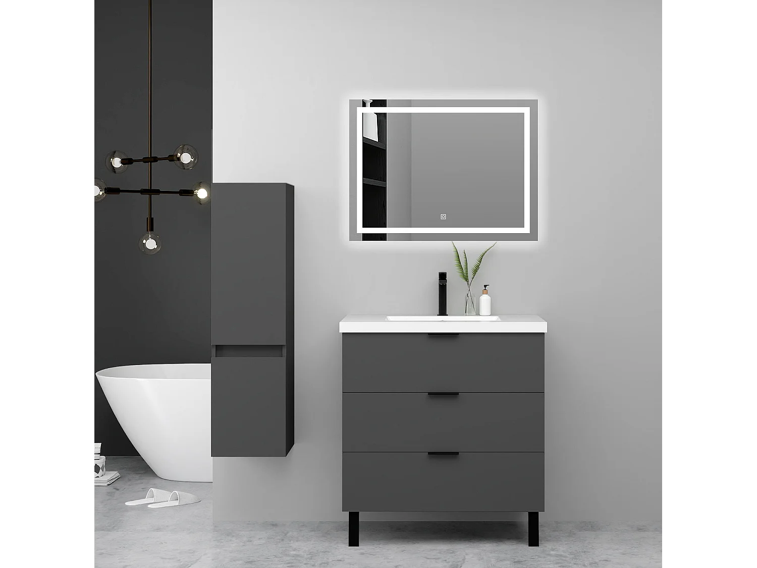 Ensemble meuble anthracite et lavabo L.60cm 3 tiroirs + colonne haute + miroir LED
