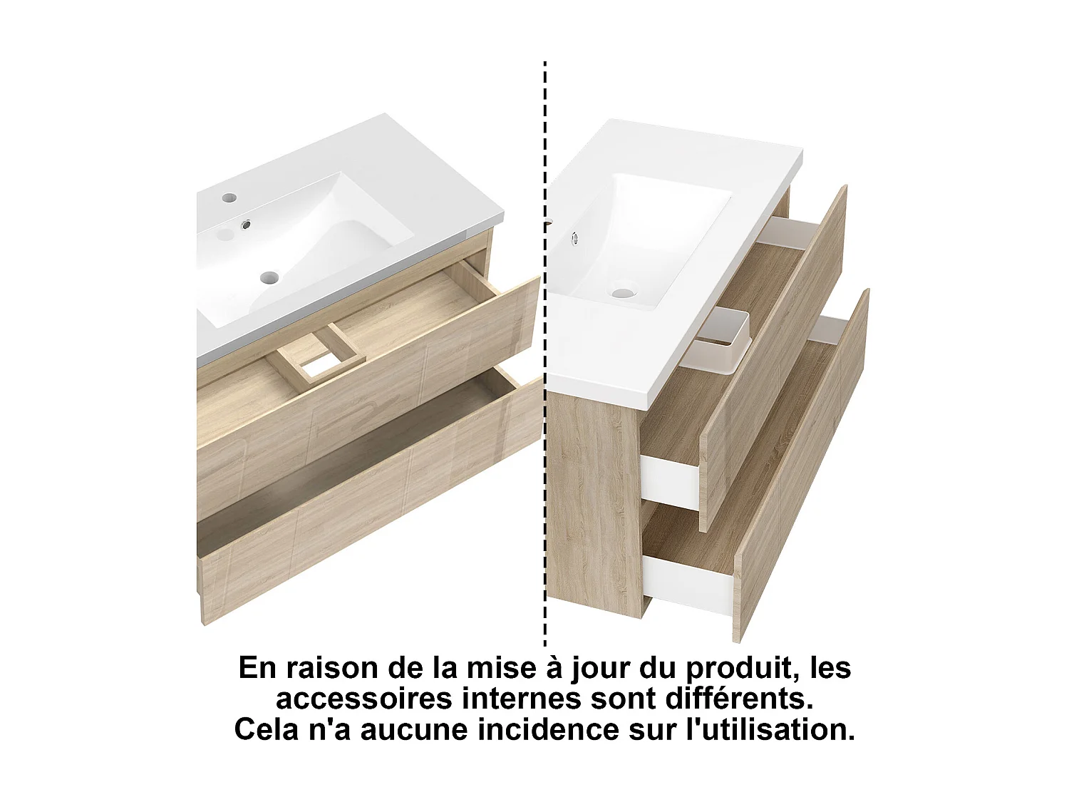 Ensemble Meuble Salle de Bain Suspendu 100cm Chêne Brillant avec 2 Tiroirs à Fermeture Automatique + Miroir Tricolore + Simple Lavabo Céramique + Colonne