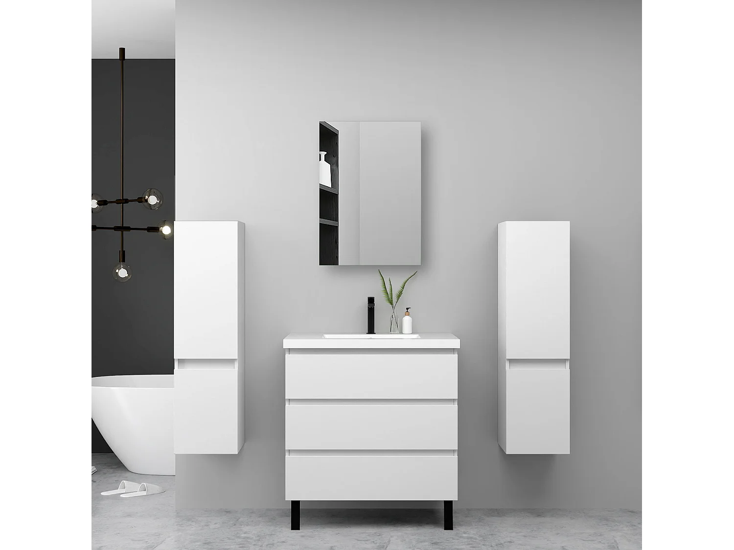 Ensemble meuble blanc et vasque L.60cm 3 tiroirs + 2*colonne haute + Armoire salle de bain avec miroir