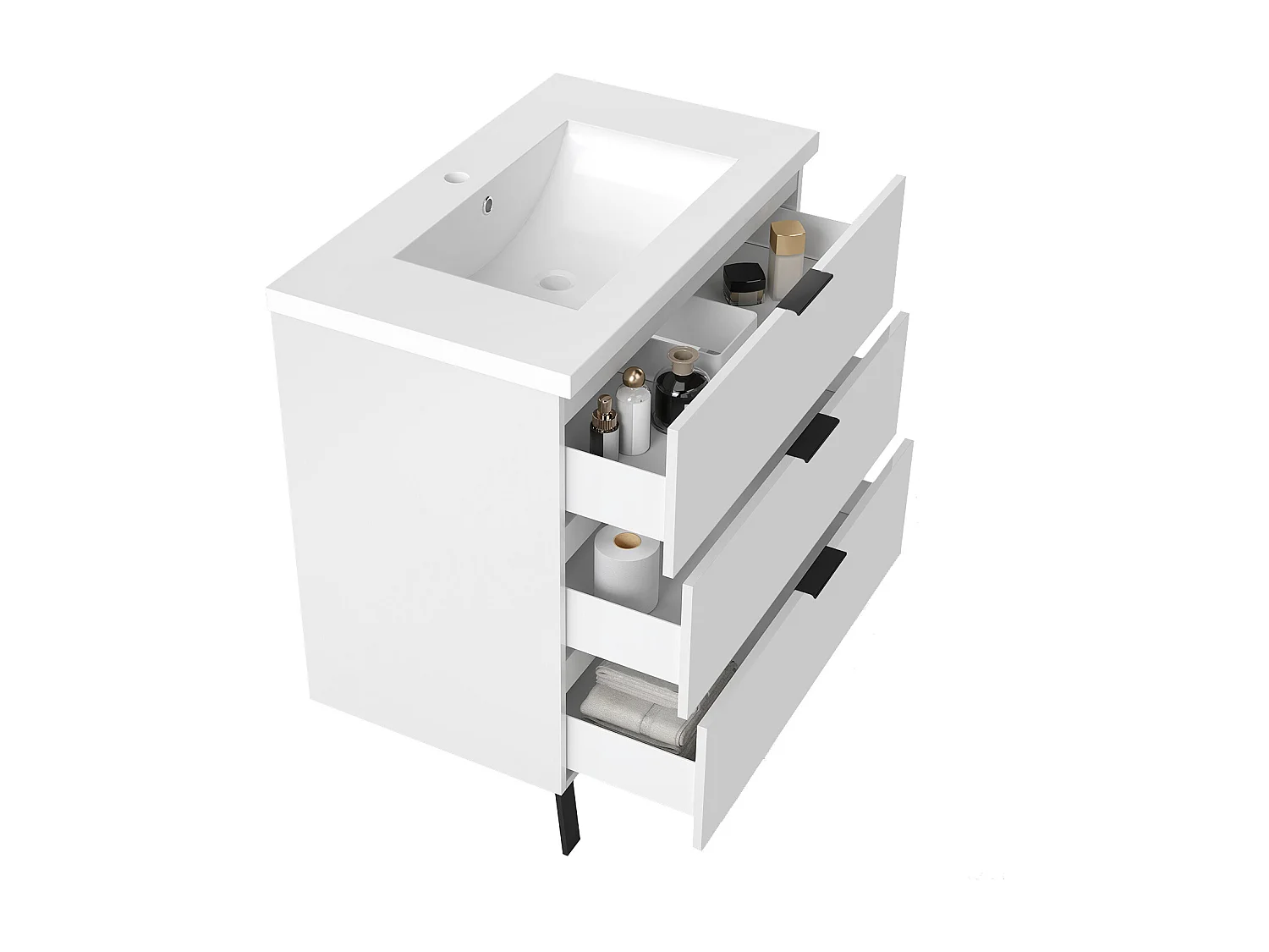 Ensemble meuble blanc et lavabo L.80cm 3 tiroirs avec fermeture amortie + 2*colonne haute + miroir LED