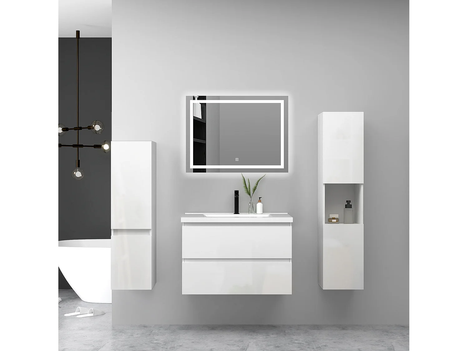 Ensemble Meuble Salle de Bain Suspendu 80cm Blanc Brillant avec 2 Tiroirs à Fermeture Automatique + Miroir Tricolore + Simple Vasque Céramique + 2*Colonne Haute