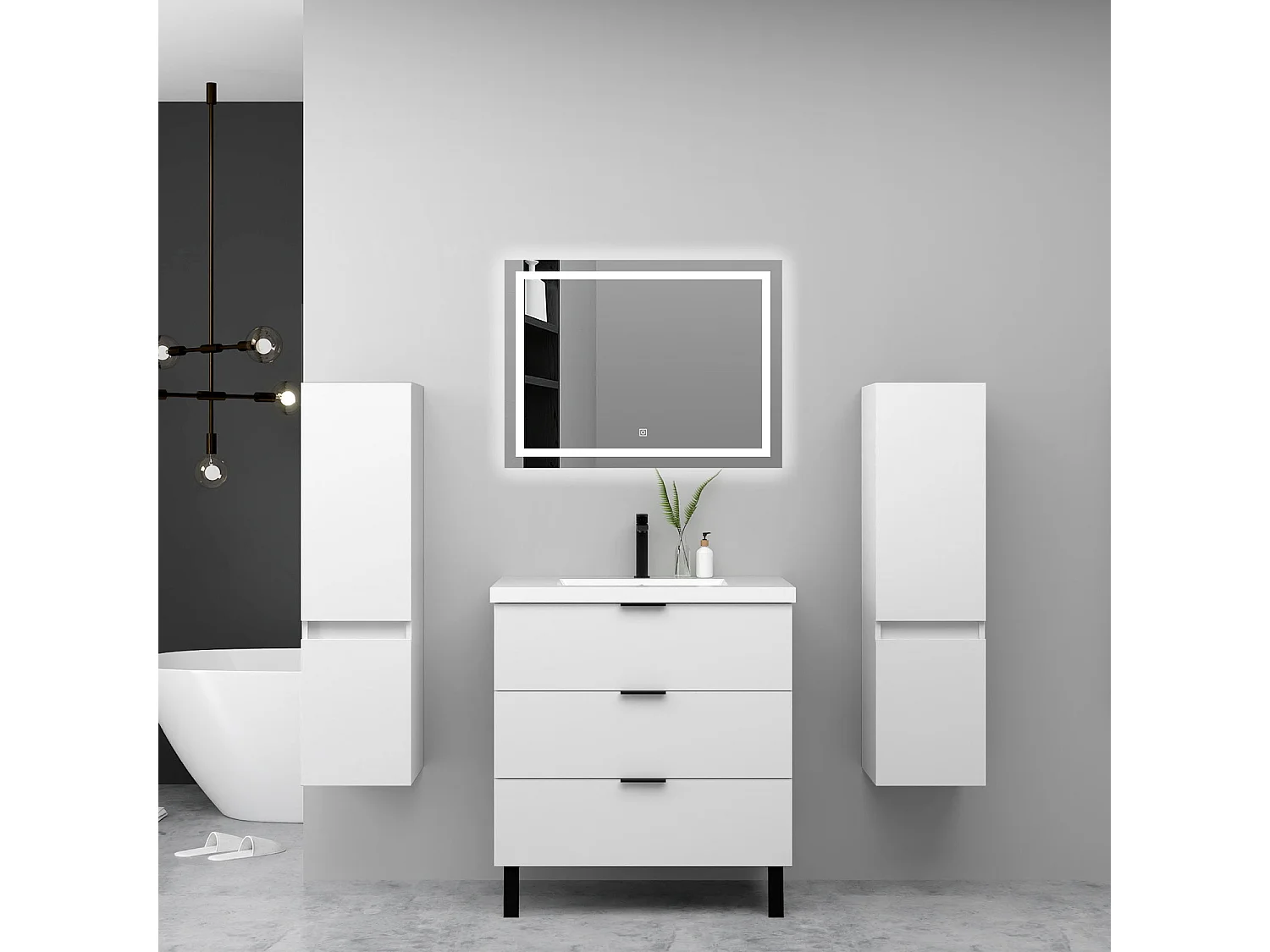 Ensemble meuble blanc et lavabo L.80cm 3 tiroirs + 2*colonne haute + miroir LED