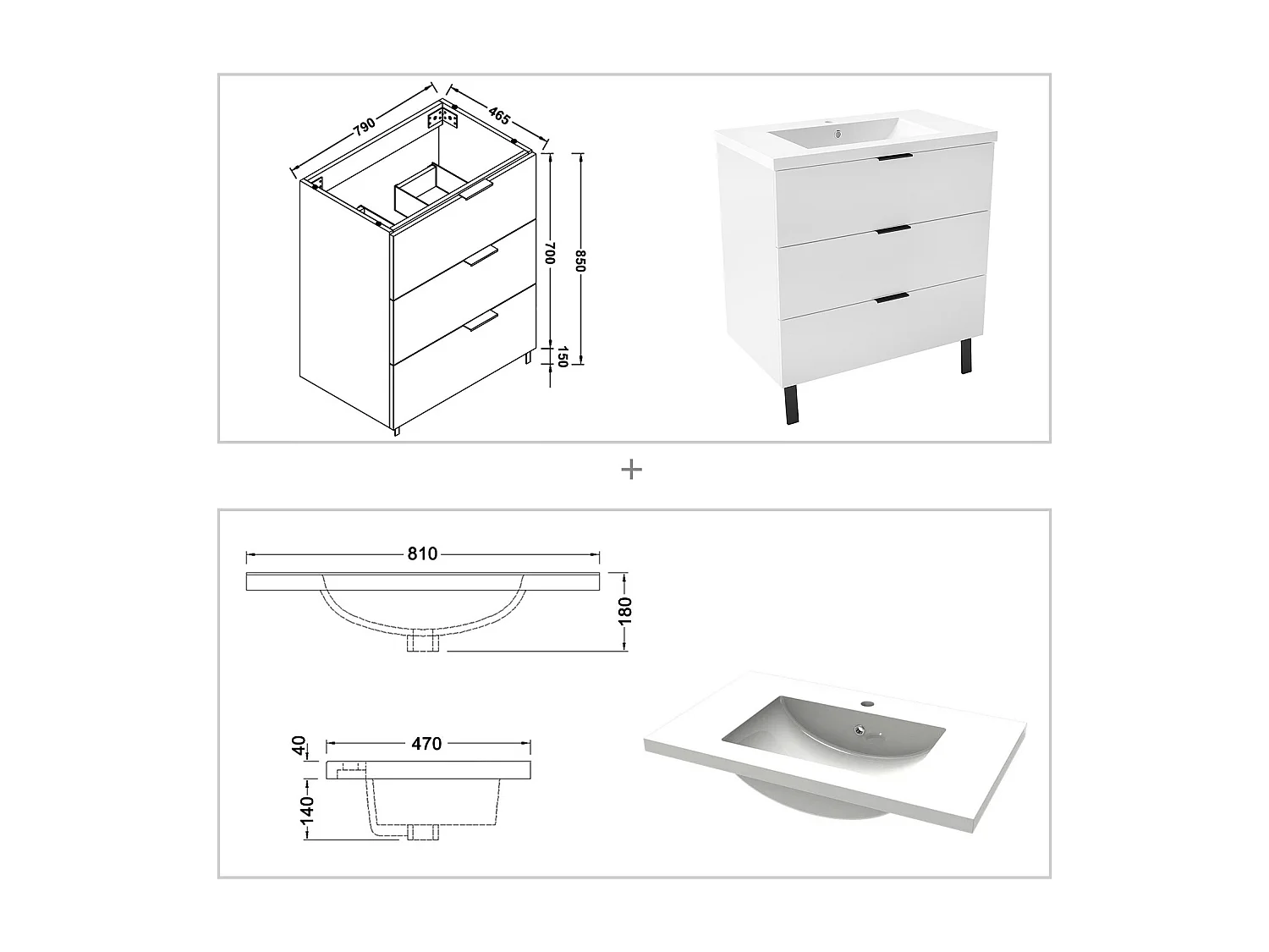 Ensemble meuble blanc et lavabo L.80cm 3 tiroirs + 2*colonne haute + miroir LED