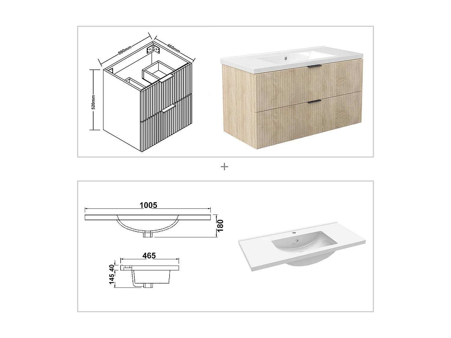 Aica Meuble de salle de bain suspendu 100 cm Chêne + 2 tiroirs, avec Vasque + Armoire salle de bain avec miroir