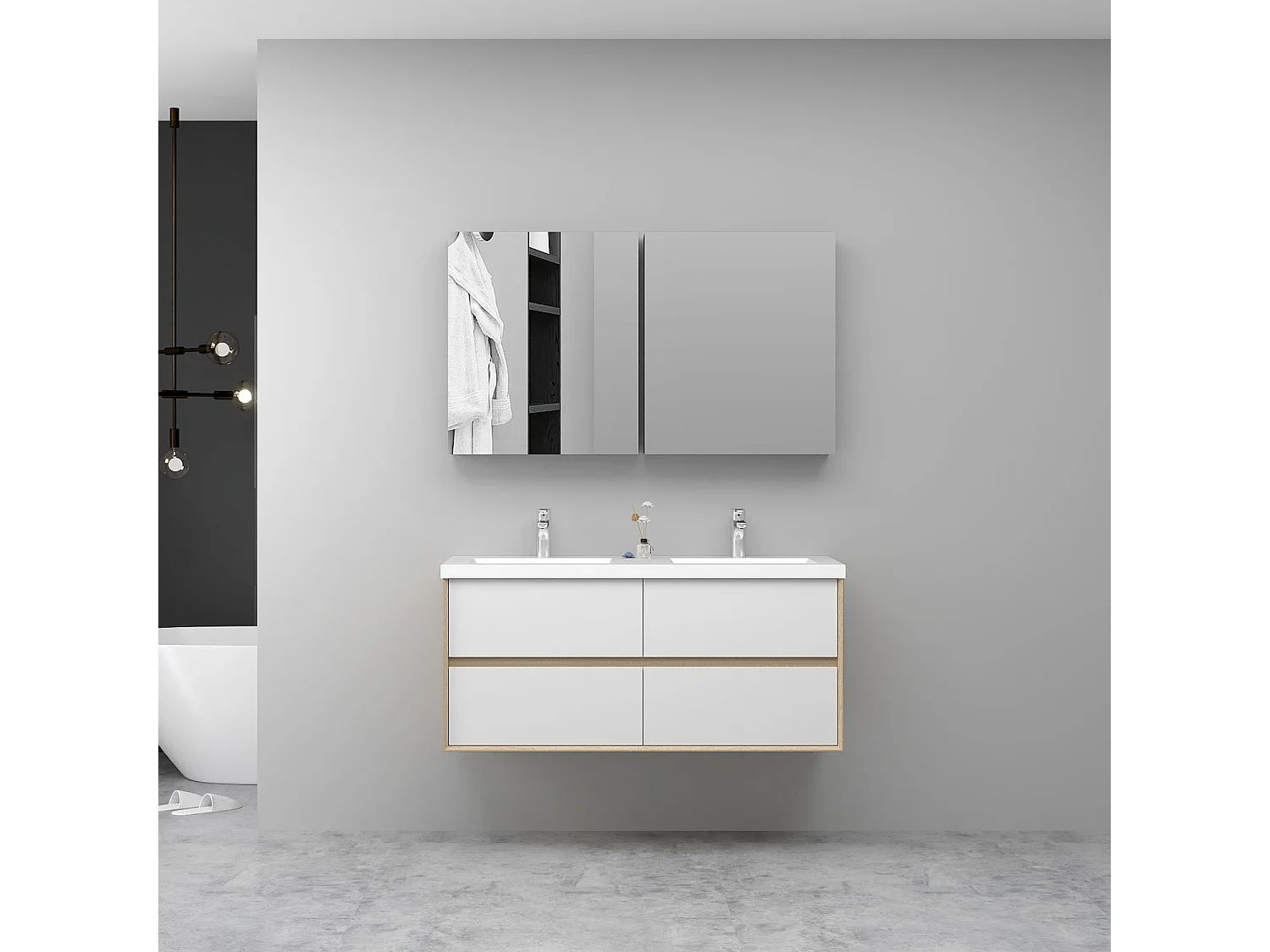 AICA Ensemble Meuble Salle de Bain Suspendu 120cm, Blanc + Chêne, Meuble 4 tiroirs + Lavabo + Armoire salle de bain avec miroir