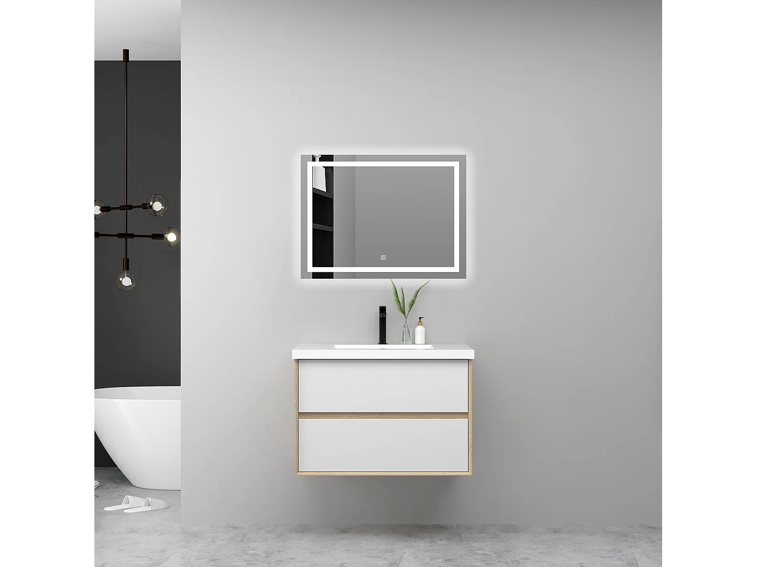 AICA Ensemble Meuble Salle de Bain Suspendu 80cm, Blanc + Chêne, Meuble 2 tiroirs + Lavabo + Miroir LED