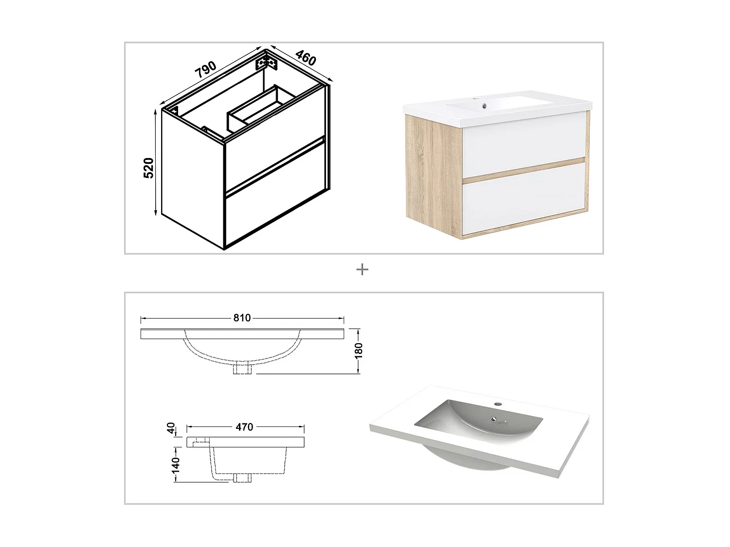 AICA Ensemble Meuble Salle de Bain Suspendu 80cm, Blanc + Chêne, Meuble 2 tiroirs + Lavabo + Miroir LED