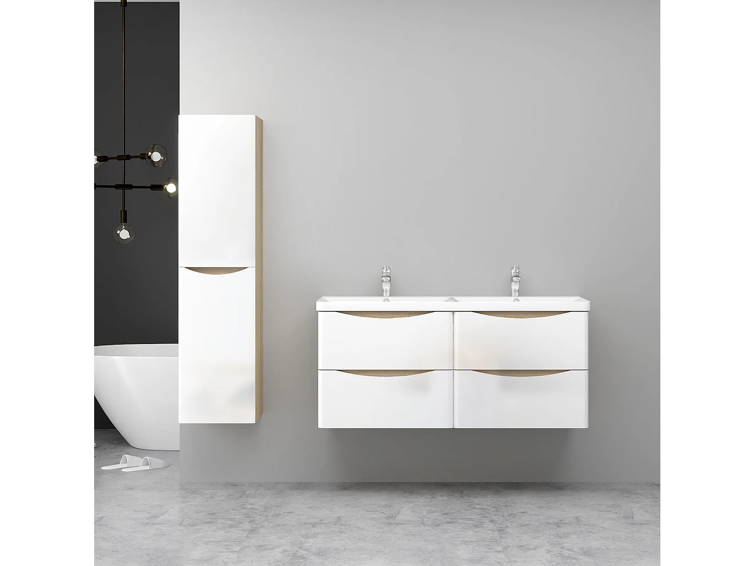 AICA Ensemble Meuble Salle de Bain Brillant Suspendu 120cm, Blanc + Chêne, Meuble 4 tiroirs + Lavabo + Colonne