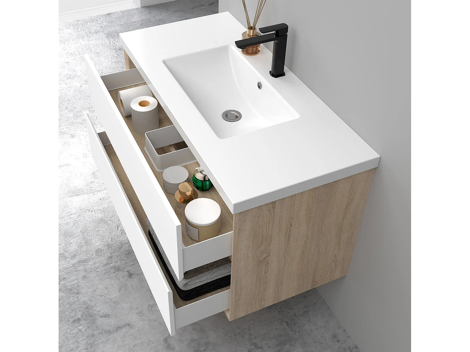 AICA Ensemble Meuble Salle de Bain Suspendu 100cm, Blanc + Chêne, Meuble 2 tiroirs + Lavabo + Armoire salle de bain avec miroir + Colonne