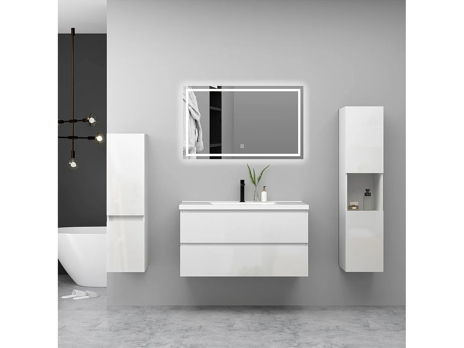 Ensemble Meuble Salle de Bain Suspendu 100cm Blanc Brillant avec 2 Tiroirs à Fermeture Automatique + Miroir Tricolore + Simple Vasque Céramique + 2*Colonne Haute