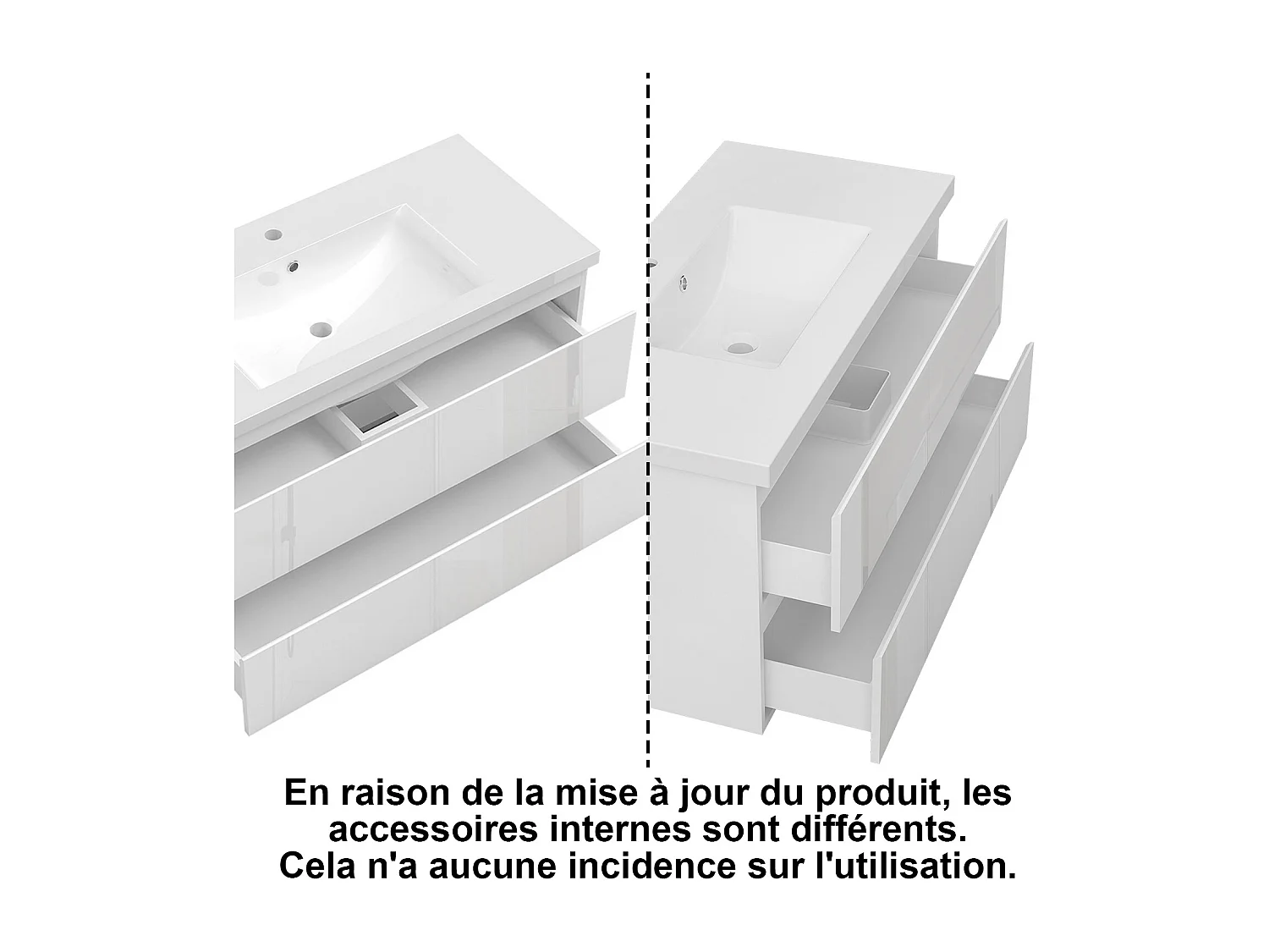 Ensemble Meuble Salle de Bain Suspendu 100cm Blanc Brillant avec 2 Tiroirs à Fermeture Automatique + Miroir Tricolore + Simple Vasque Céramique + 2*Colonne Haute