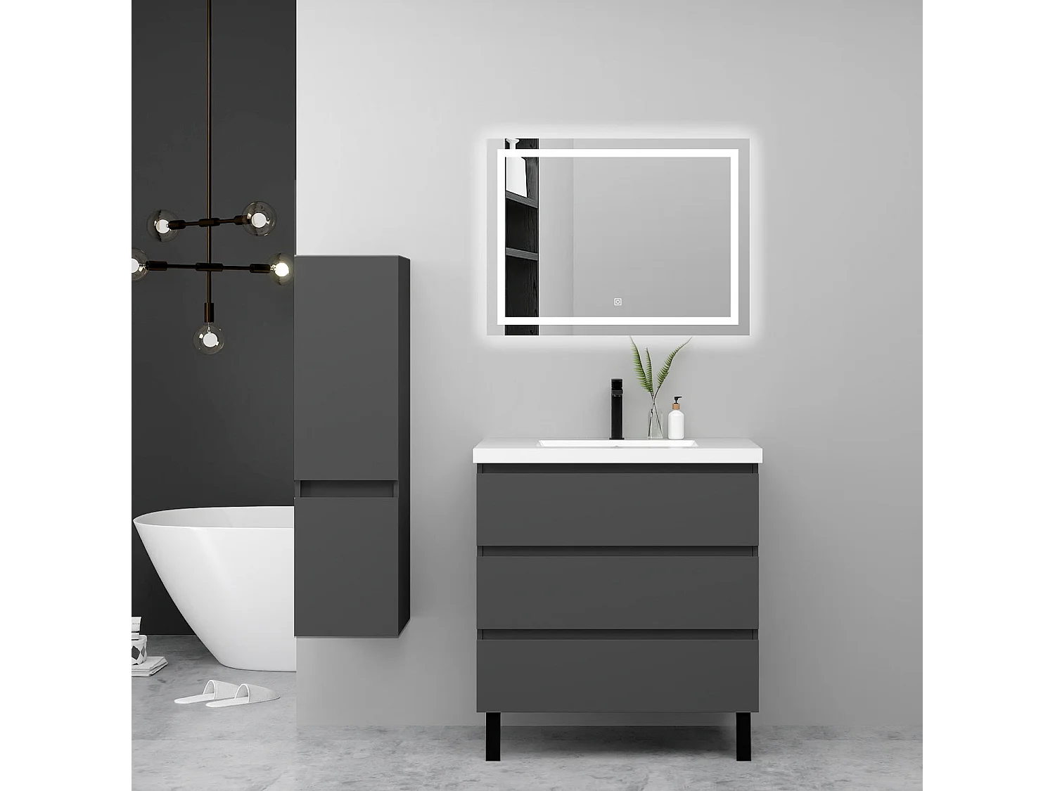 Ensemble meuble anthracite et vasque L.60cm 3 tiroirs + colonne haute + miroir LED