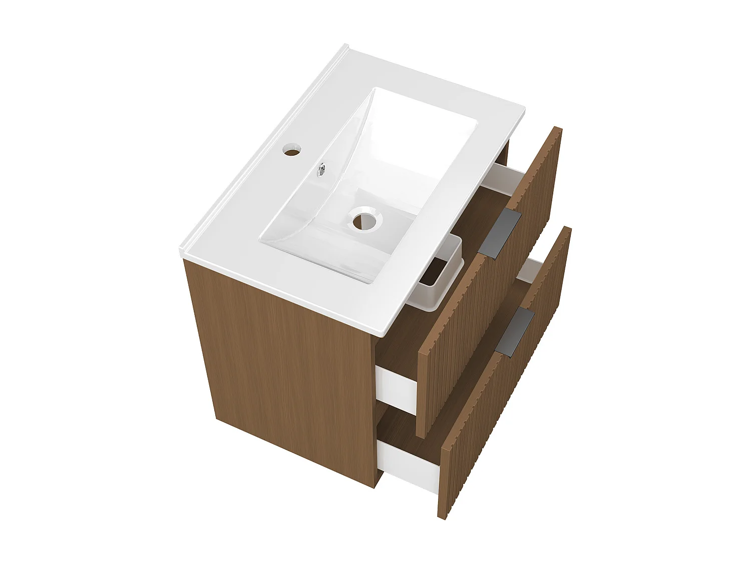 Aica Meuble de salle de bain suspendu 60 cm Noyer + 2 tiroirs, avec Vasque + Miroir LED