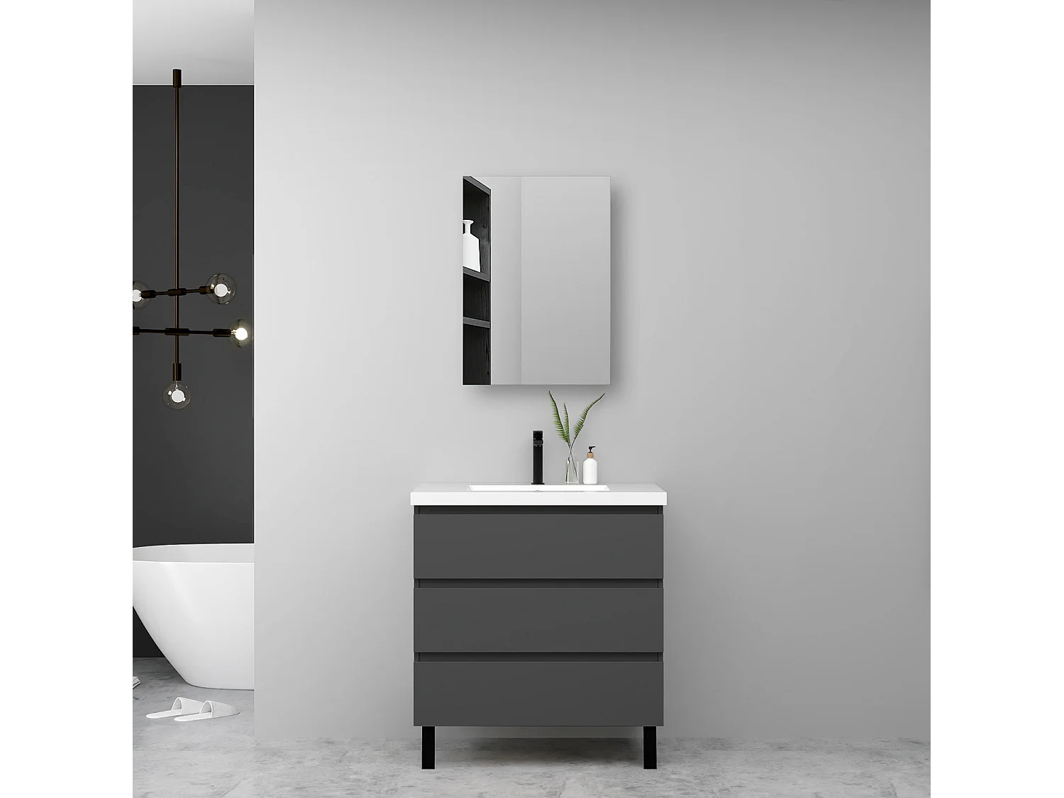 Meuble de salle de bain avec vasque, 60cm, 3 tiroirs avec fermeture amortie + Armoire salle de bain avec miroir, meuble anthracite
