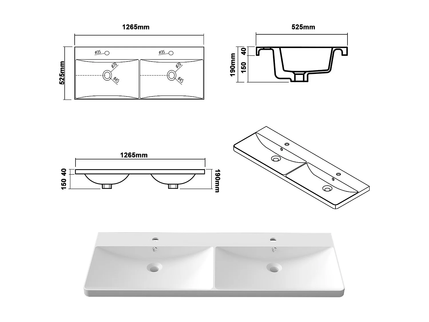 AICA Ensemble Meuble Salle de Bain Brillant Suspendu 120cm, Blanc + Chêne, Meuble 4 tiroirs + Lavabo + Armoire salle de bain avec miroir + 2Colonne