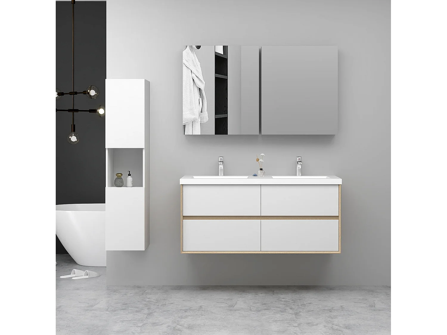 AICA Ensemble Meuble Salle de Bain Suspendu 120cm, Blanc + Chêne, Meuble 4 tiroirs + Lavabo + Armoire salle de bain avec miroir + Colonne haute