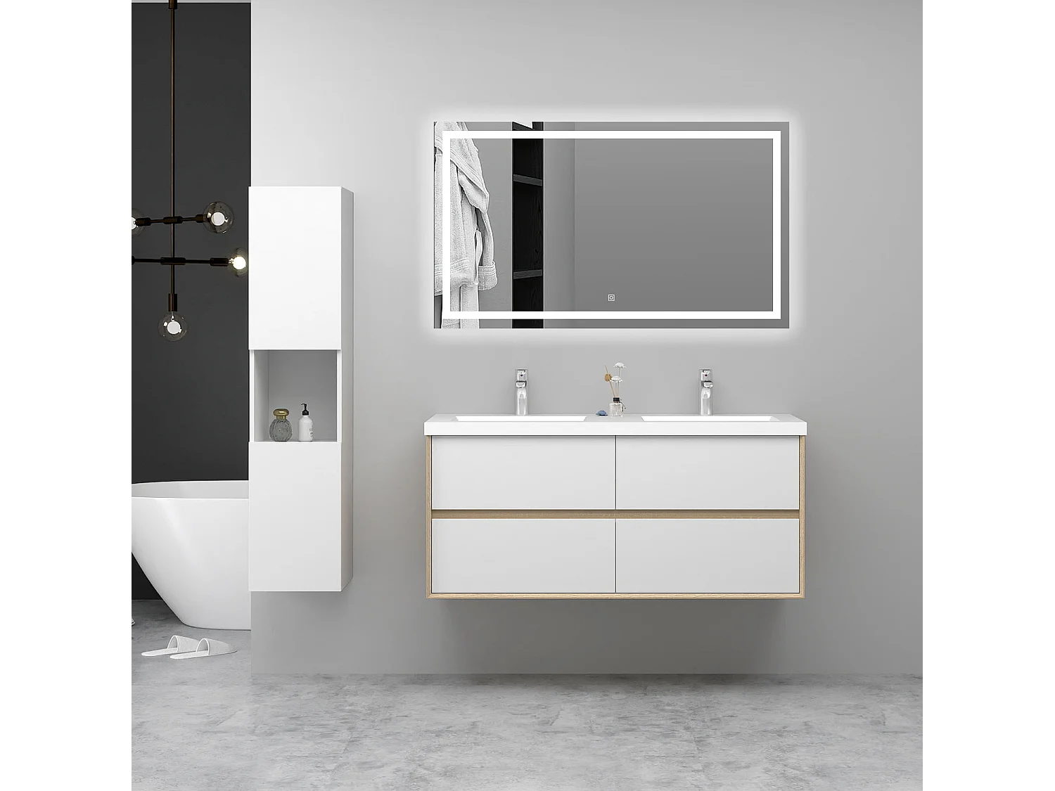 AICA Ensemble Meuble Salle de Bain Suspendu 120cm, Blanc + Chêne, Meuble 4 tiroirs + Lavabo + Miroir LED + Colonne haute