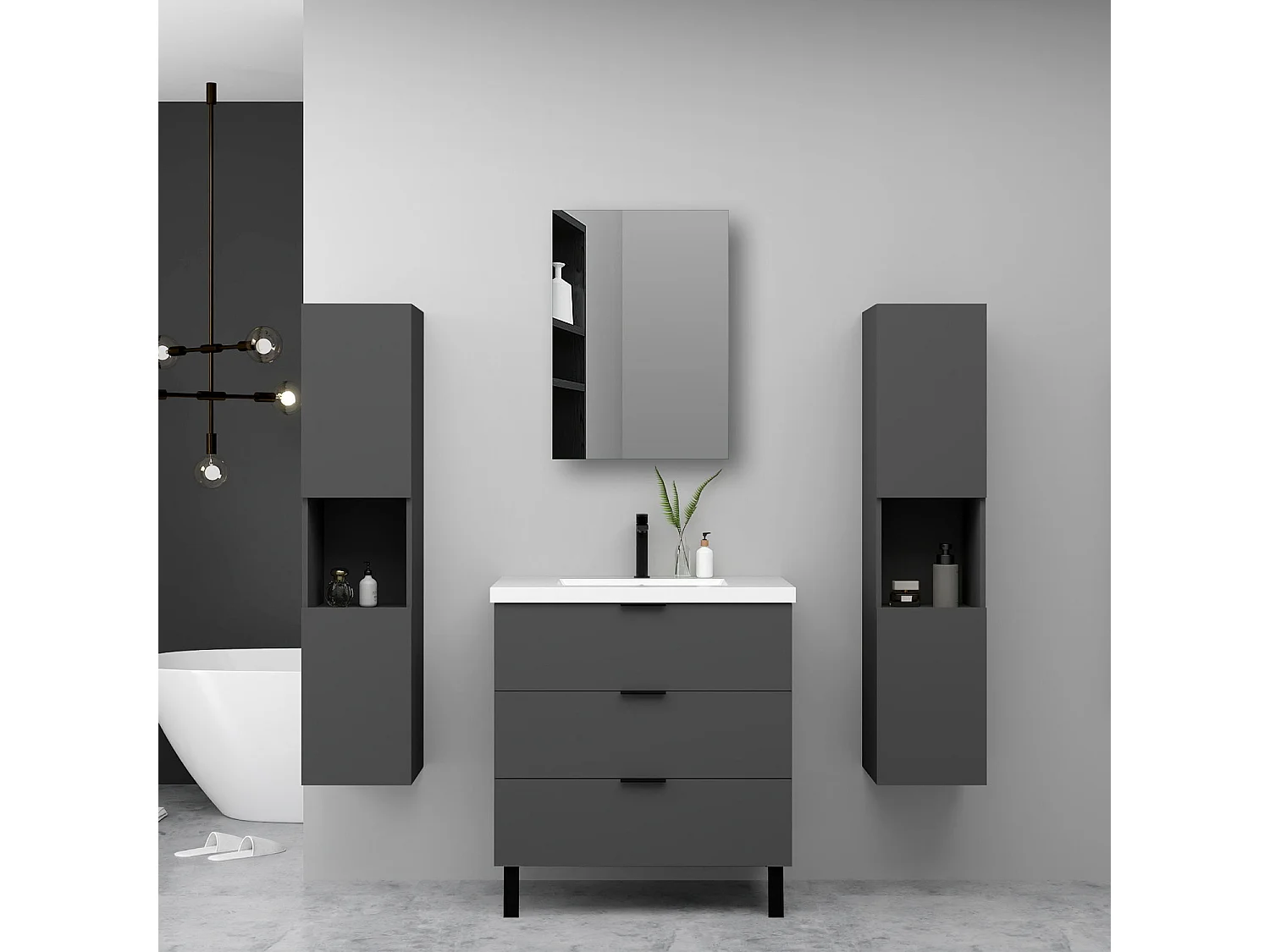 Ensemble meuble anthracite et lavabo L.80cm 3 tiroirs avec fermeture amortie + 2*colonne haute + Armoire salle de bain avec miroir