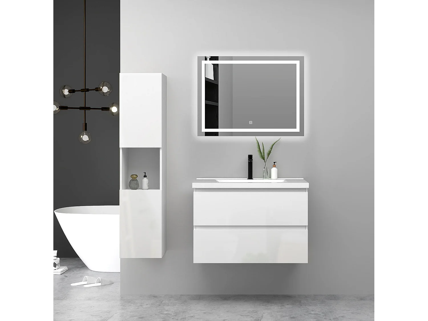 Ensemble Meuble Salle de Bain Suspendu 80cm Blanc Brillant avec 2 Tiroirs à Fermeture Automatique + Miroir Tricolore + Simple Lavabo Céramique + Colonne