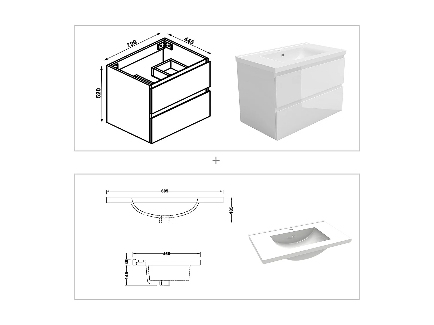 Ensemble Meuble Salle de Bain Suspendu 80cm Blanc Brillant avec 2 Tiroirs à Fermeture Automatique + Miroir Tricolore + Simple Lavabo Céramique + Colonne