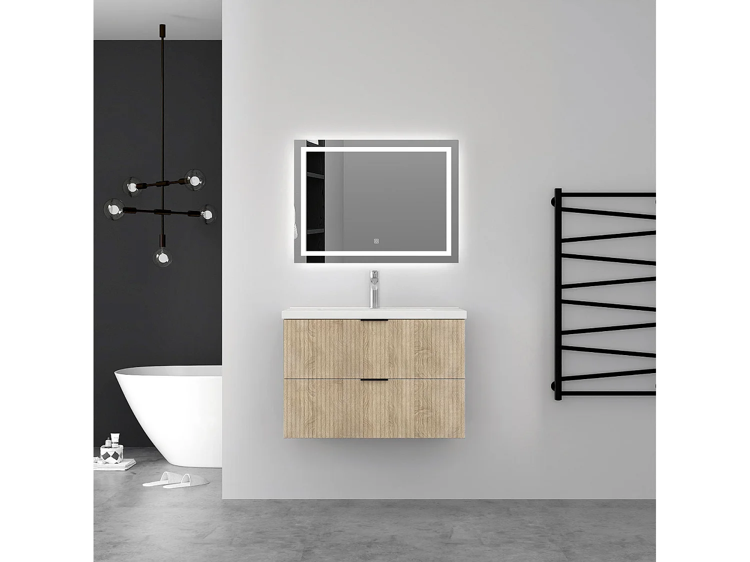 Aica Meuble de salle de bain suspendu 80 cm Chêne + 2 tiroirs, avec Vasque + Miroir LED