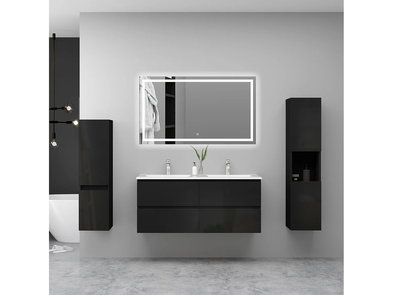 Ensemble Meuble Salle de Bain Suspendu 120cm Noir Brillant avec 4 Tiroirs à Fermeture Automatique + Miroir Tricolore + Double Vasque Céramique + 2*Colonne Haute