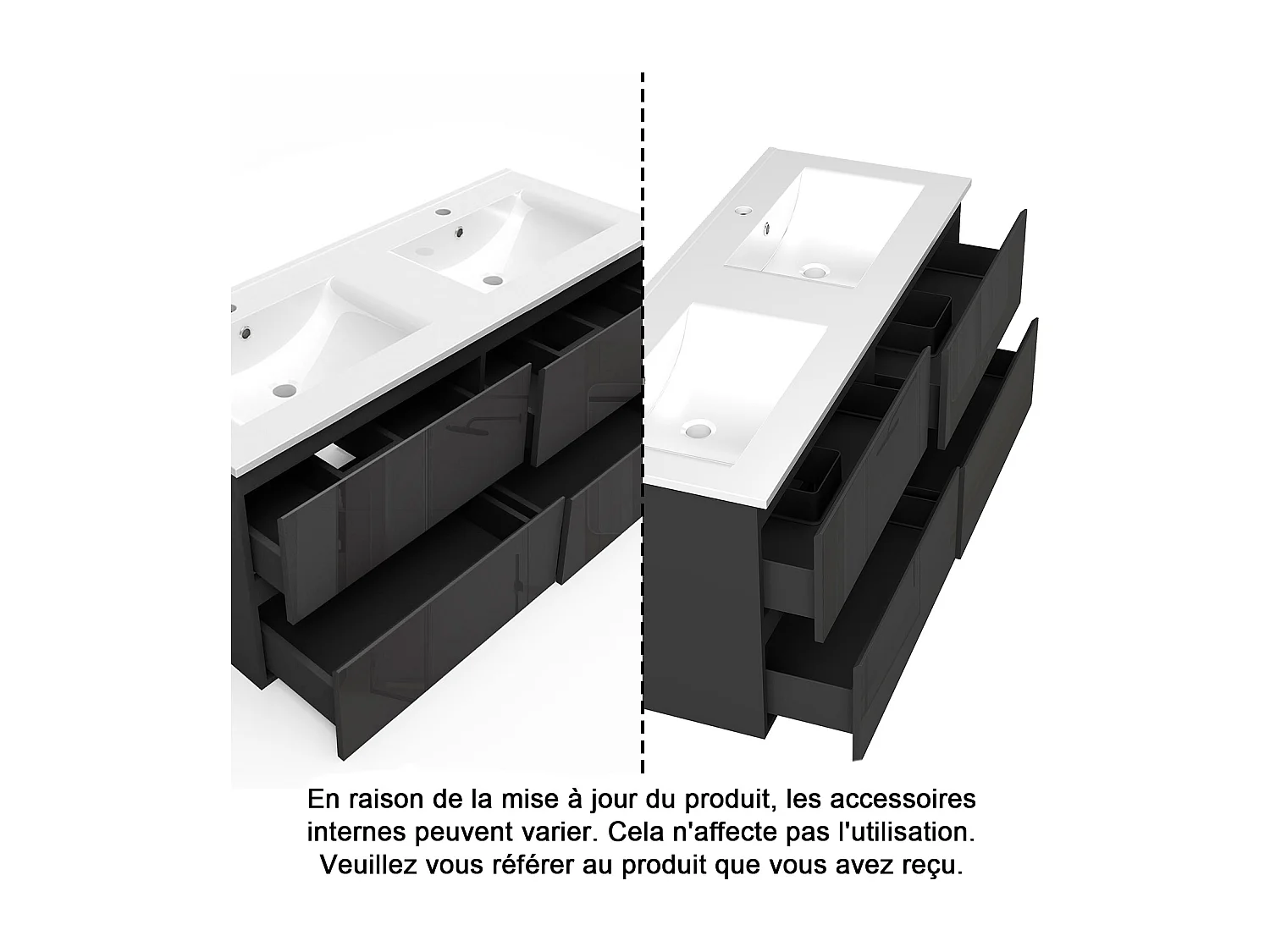 Ensemble Meuble Salle de Bain Suspendu 120cm Noir Brillant avec 4 Tiroirs à Fermeture Automatique + Miroir Tricolore + Double Vasque Céramique + 2*Colonne Haute