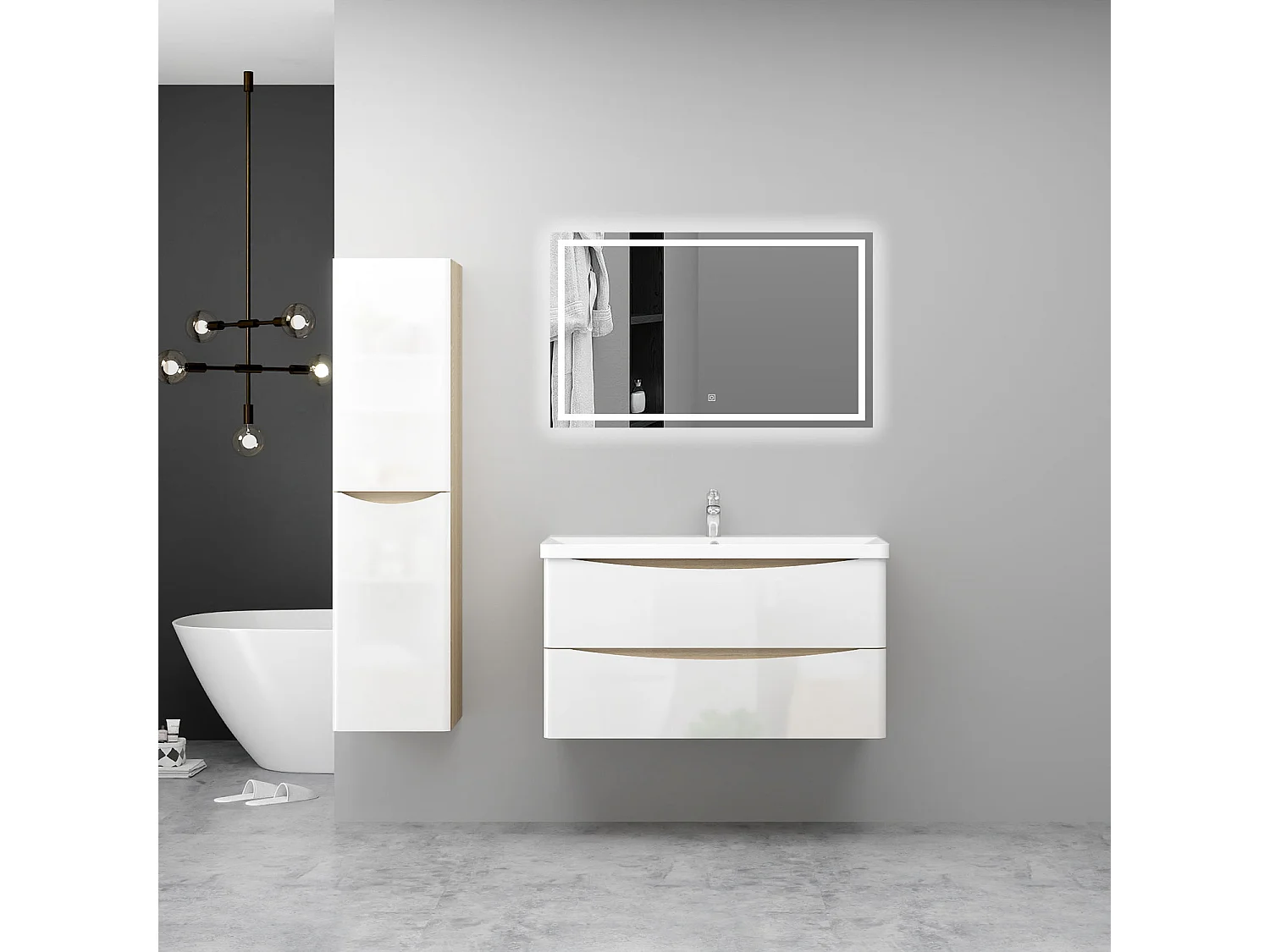 AICA Ensemble Meuble Salle de Bain Brillant Suspendu 100cm, Blanc + Chêne, Meuble 2 tiroirs + Lavabo + Miroir LED + Colonne