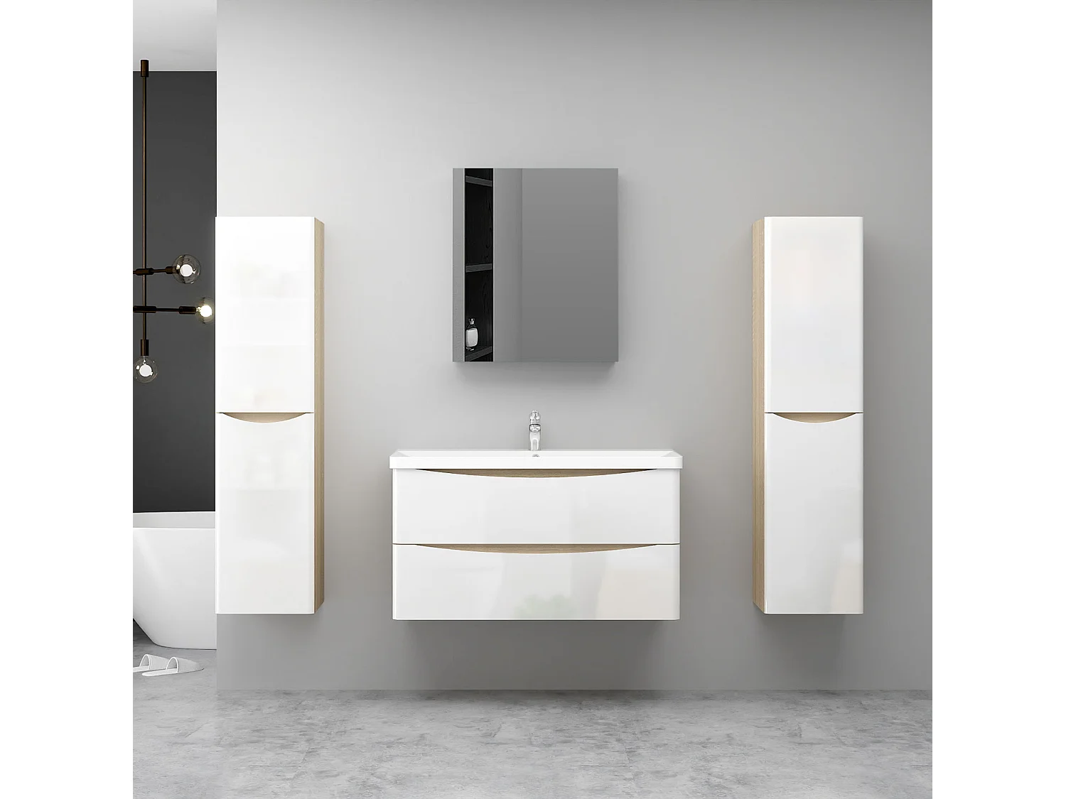 AICA Ensemble Meuble Salle de Bain Brillant Suspendu 100cm, Blanc + Chêne, Meuble 2 tiroirs + Lavabo + Armoire salle de bain avec miroir + 2Colonne