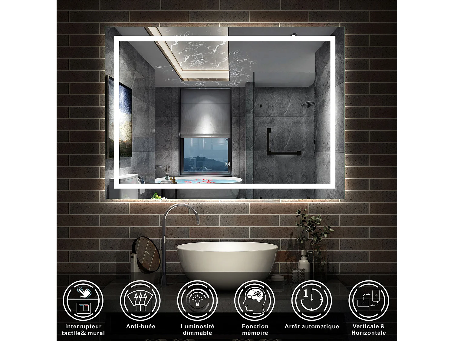 Aica Meuble de salle de bain suspendu 120 cm Noyer + 4 tiroirs, avec Vasque + Miroir LED