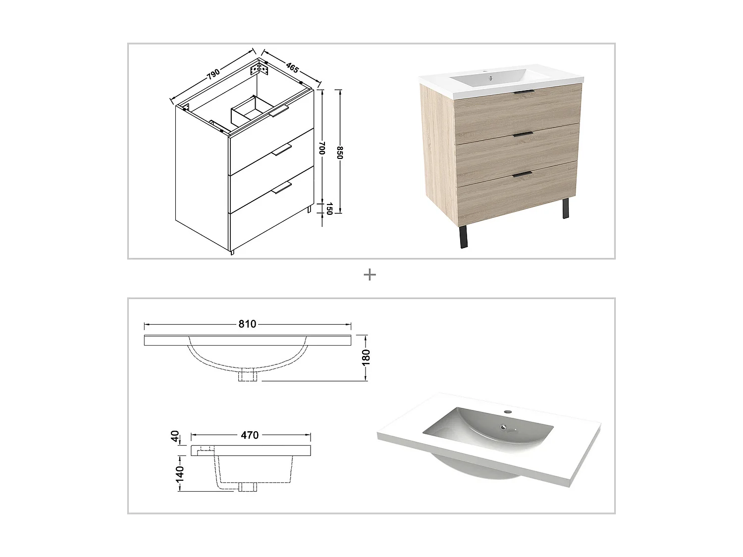 Ensemble meuble chêne et lavabo L.80cm 3 tiroirs avec fermeture amortie + 2*colonne + miroir LED