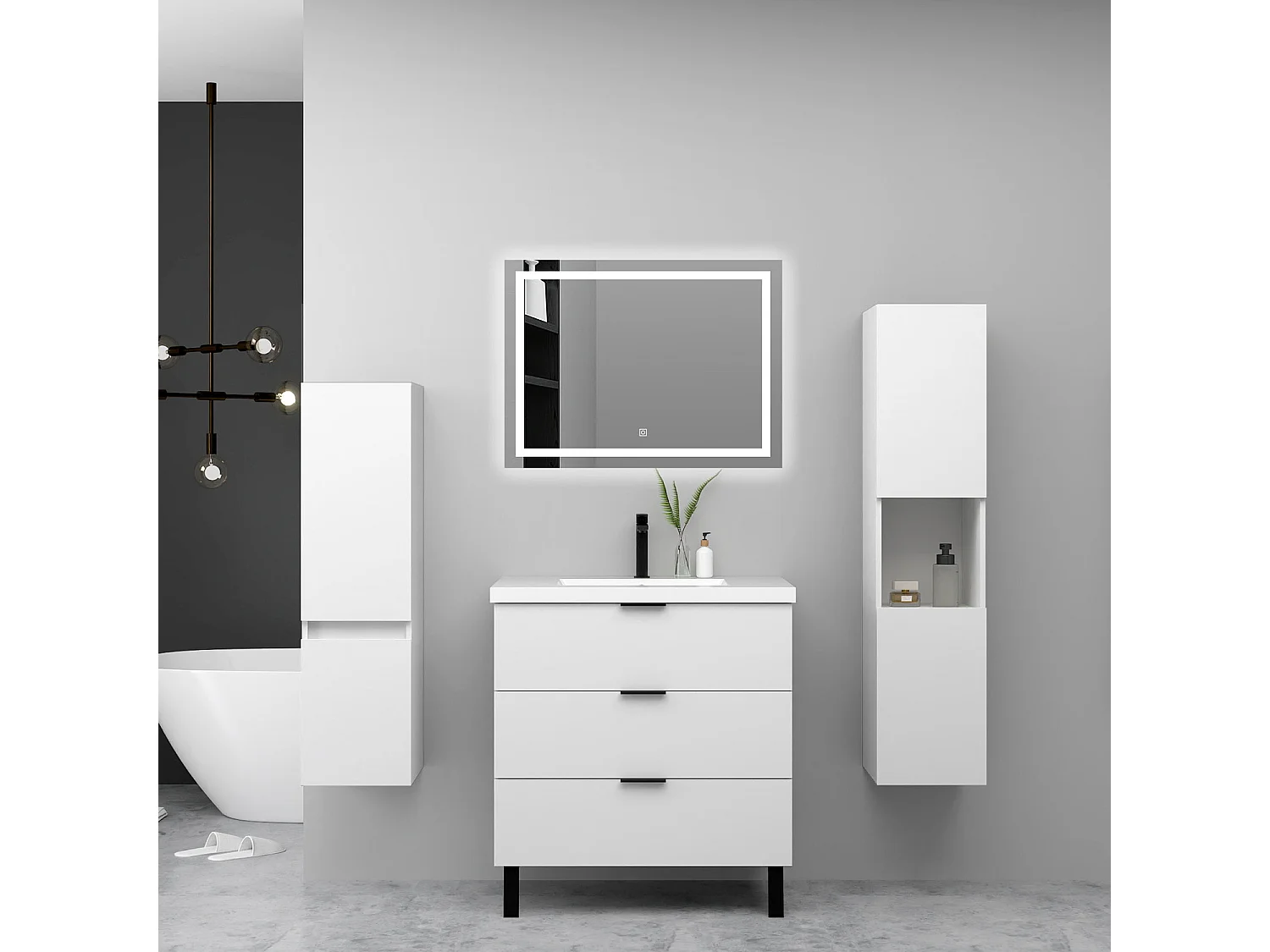 Ensemble meuble blanc et lavabo L.60cm 3 tiroirs avec fermeture amortie + 2*colonne + miroir LED