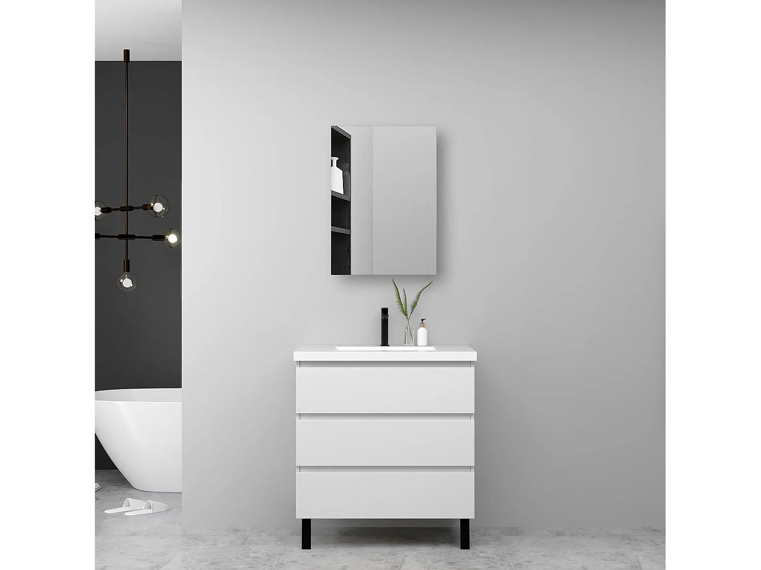 Meuble de salle de bain avec vasque, 60cm, 3 tiroirs avec fermeture amortie + Armoire salle de bain avec miroir, meuble blanc