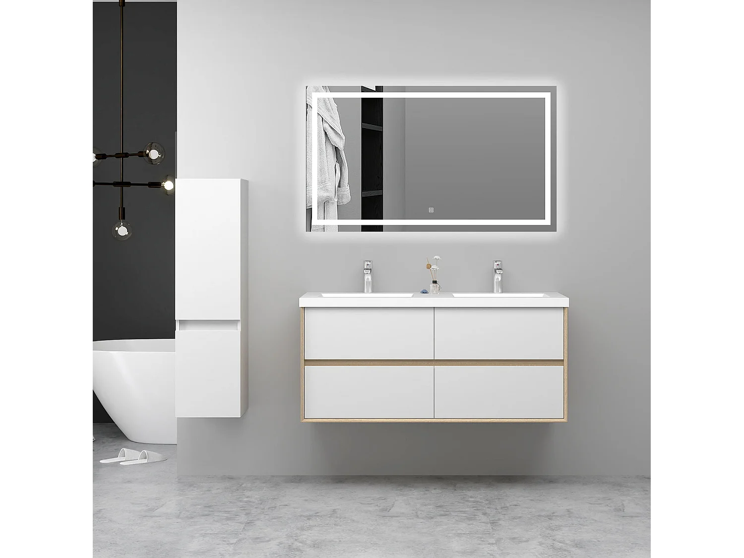 AICA Ensemble Meuble Salle de Bain Suspendu 120cm, Blanc + Chêne, Meuble 4 tiroirs + Lavabo + Miroir LED + Colonne