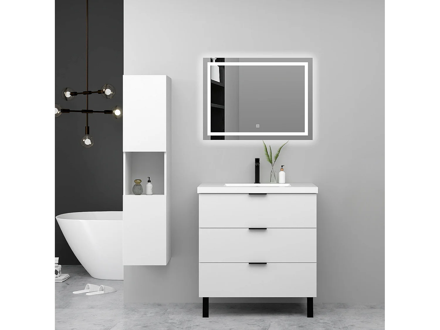 Ensemble meuble blanc et lavabo L.80cm 3 tiroirs avec fermeture amortie + colonne haute + miroir LED