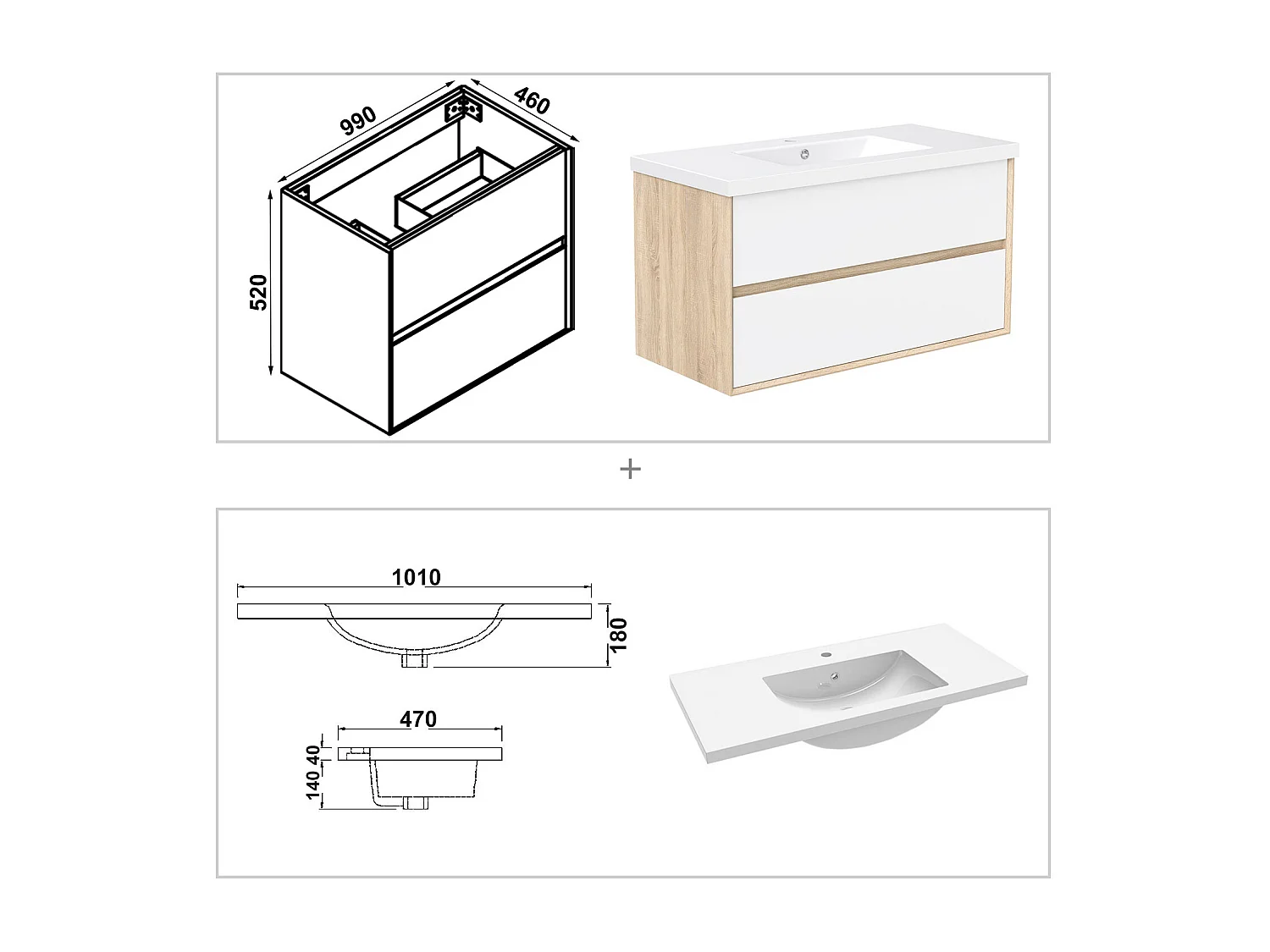 AICA Ensemble Meuble Salle de Bain Suspendu 100cm, Blanc + Chêne, Meuble 2 tiroirs + Lavabo + Miroir LED + Colonne