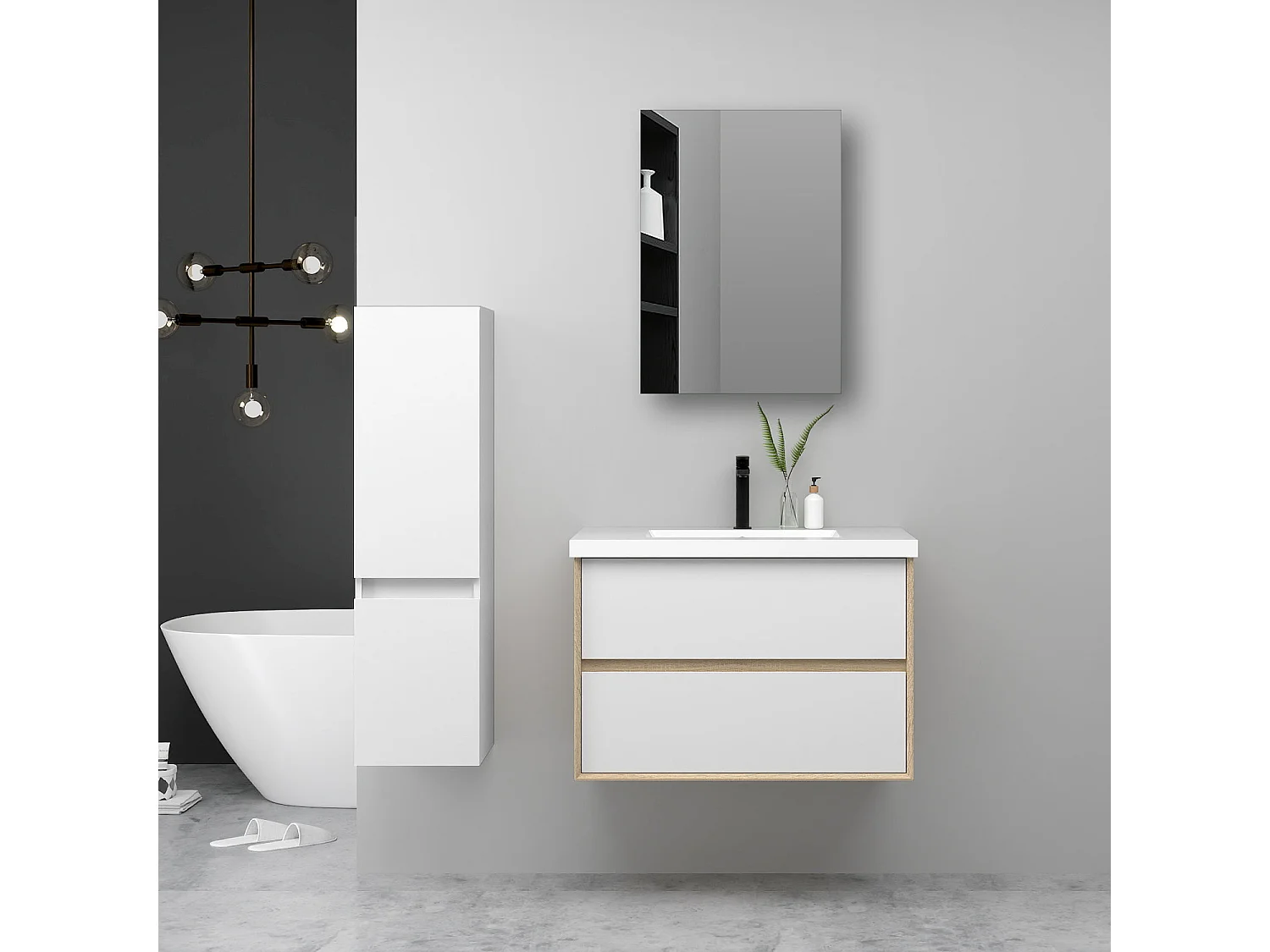AICA Ensemble Meuble Salle de Bain Suspendu 60cm, Blanc + Chêne, Meuble 2 tiroirs + Lavabo + Armoire salle de bain avec miroir + Colonne