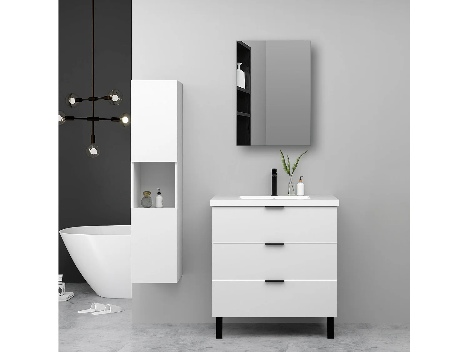 Ensemble meuble blanc et lavabo L.80cm 3 tiroirs avec fermeture amortie + colonne haute + Armoire salle de bain avec miroir
