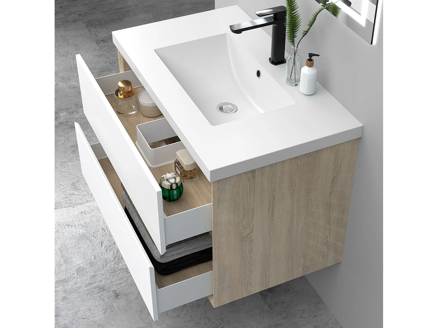 AICA Ensemble Meuble Salle de Bain Suspendu 80cm, Blanc + Chêne, Meuble 2 tiroirs + Lavabo + Miroir LED + 2 Colonne haute