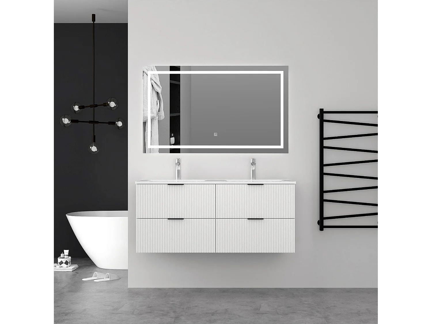 Aica Meuble de salle de bain suspendu 120 cm Blanc + 4 tiroirs, avec Vasque + Miroir LED