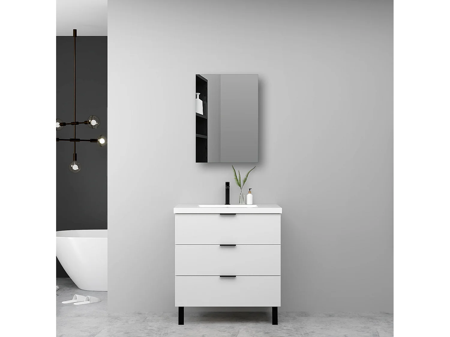 Meuble de salle de bain avec lavabo, 80cm, 3 tiroirs avec fermeture amortie + Armoire salle de bain avec miroir, meuble blanc