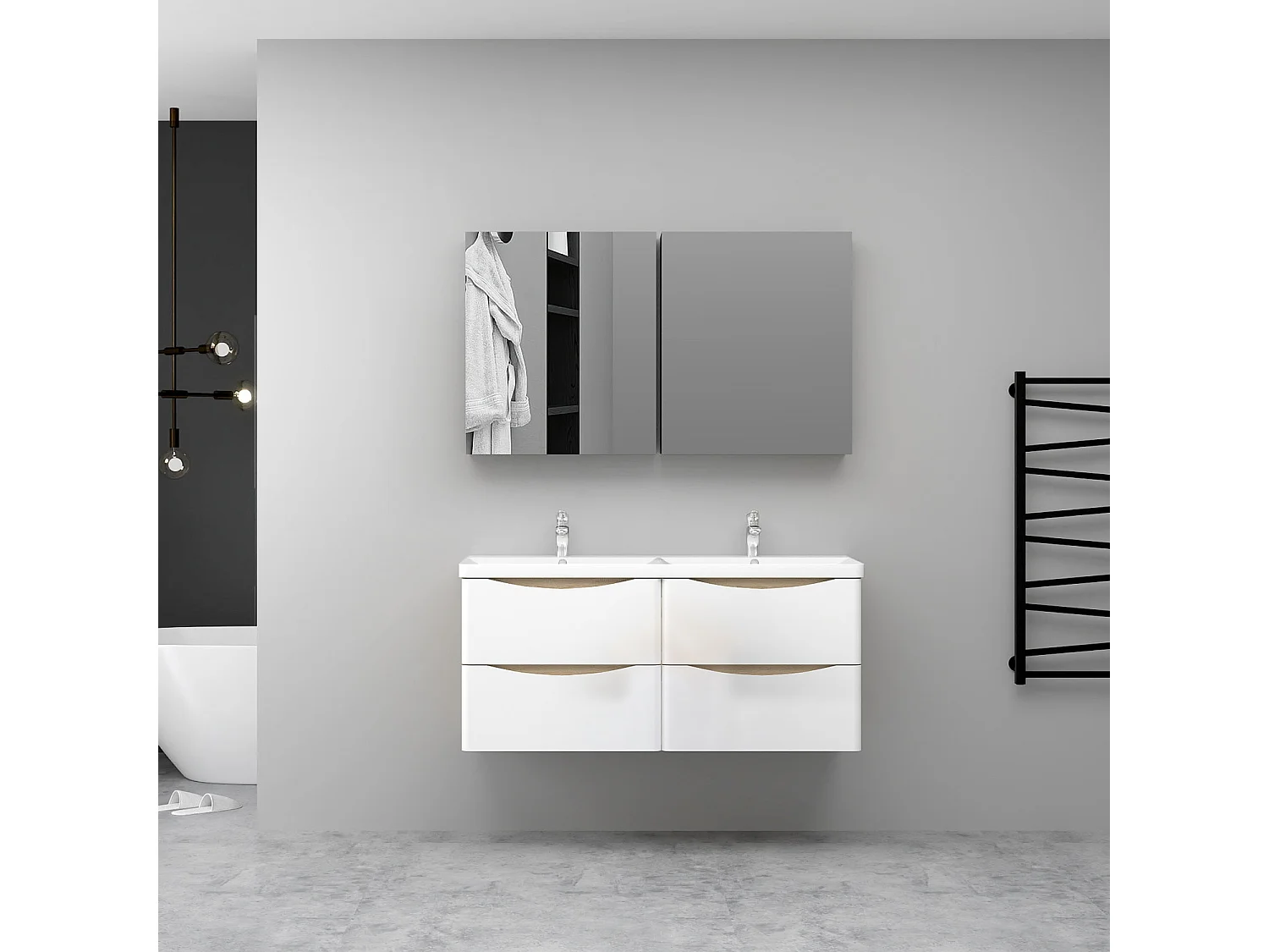 AICA Ensemble Meuble Salle de Bain Brillant Suspendu 120cm, Blanc + Chêne, Meuble 4 tiroirs + Lavabo + Armoire salle de bain avec miroir