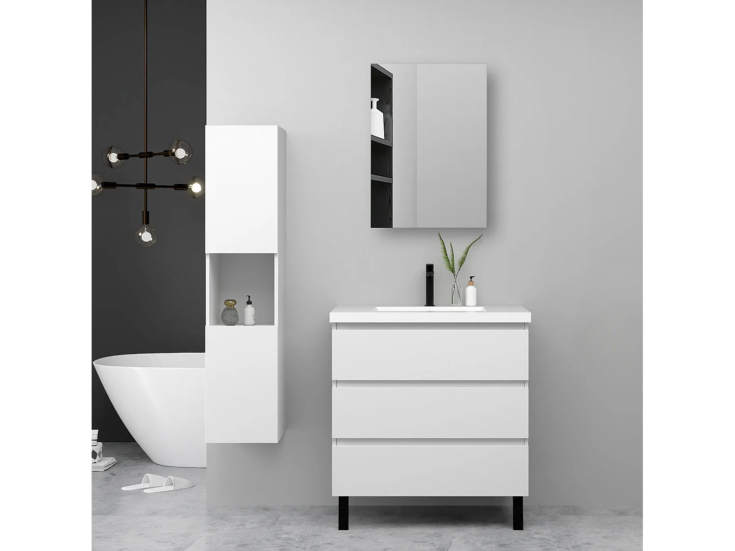 Ensemble meuble blanc et vasque L.80cm 3 tiroirs avec fermeture amortie + colonne haute + Armoire salle de bain avec miroir