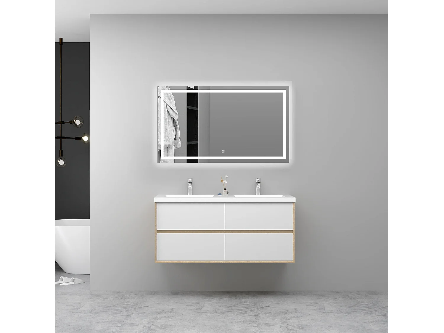 AICA Ensemble Meuble Salle de Bain Suspendu 120cm, Blanc + Chêne, Meuble 4 tiroirs + Lavabo + Miroir LED