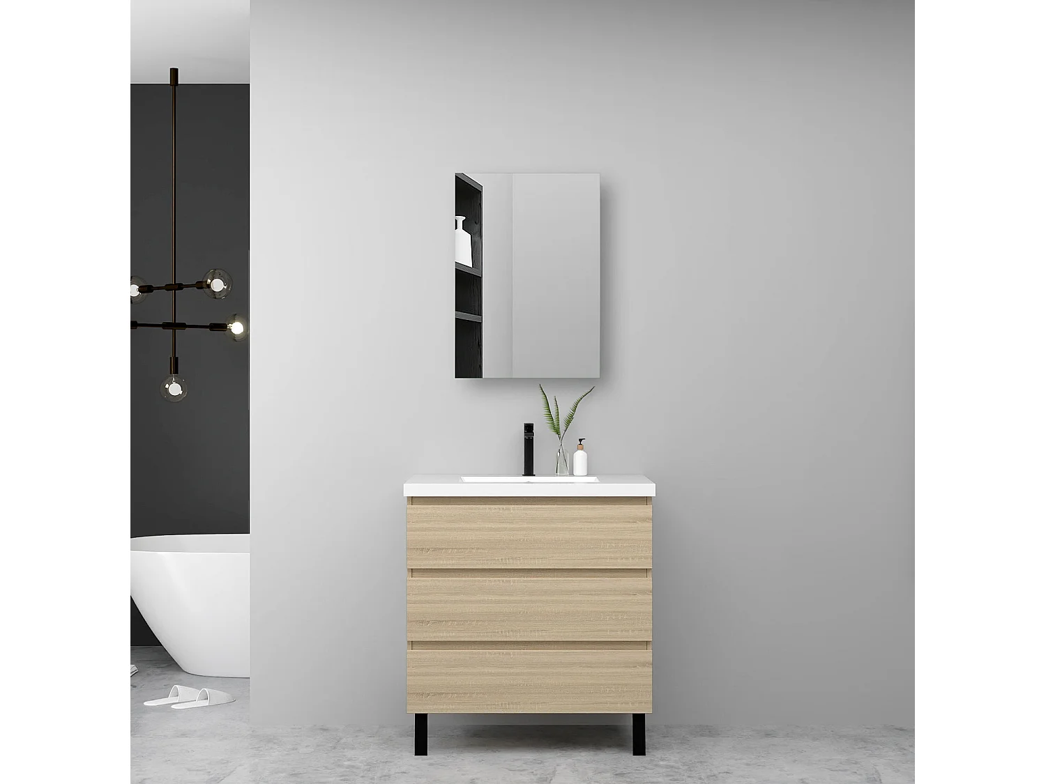 Meuble de salle de bain avec vasque, 80cm, 3 tiroirs avec fermeture amortie + Armoire salle de bain avec miroir, meuble chêne
