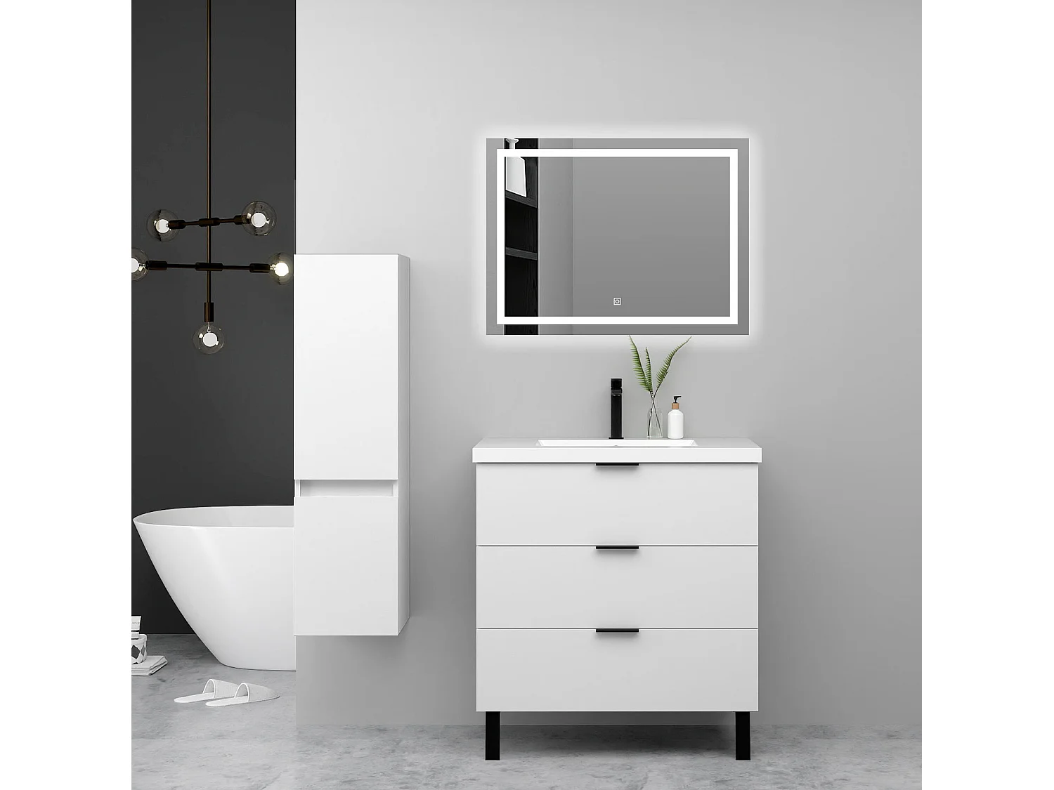 Ensemble meuble blanc et lavabo L.60cm 3 tiroirs + colonne haute + miroir LED