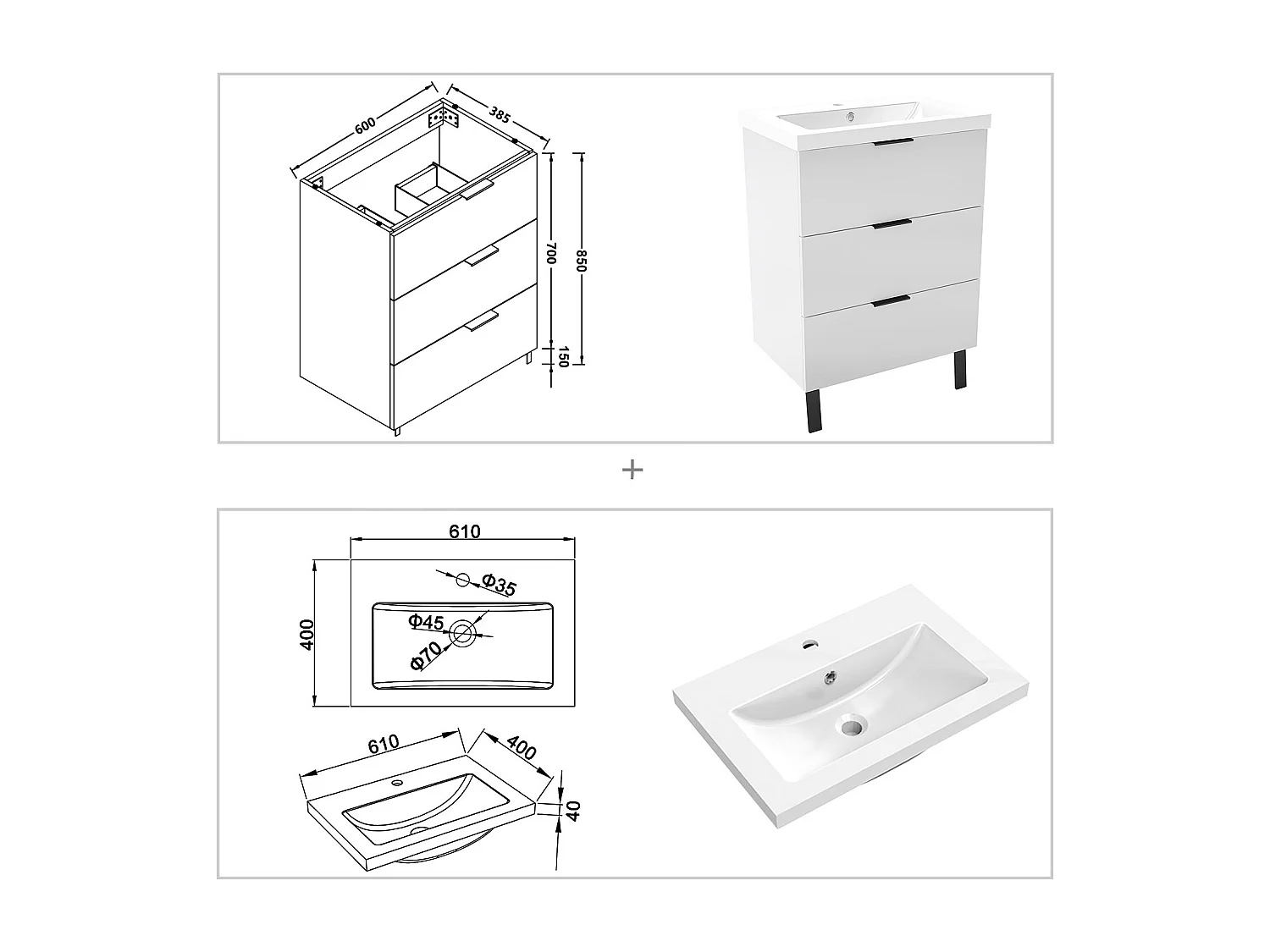 Ensemble meuble blanc et lavabo L.60cm 3 tiroirs + colonne haute + miroir LED