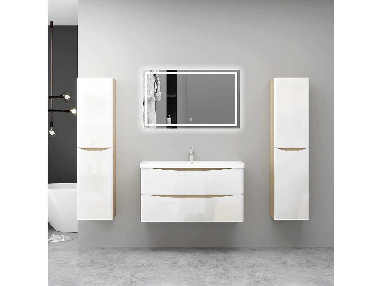 AICA Ensemble Meuble Salle de Bain Brillant Suspendu 100cm, Blanc + Chêne, Meuble 2 tiroirs + Lavabo + Miroir LED + 2Colonne